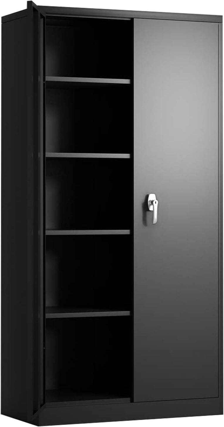 Black Metal Storage Cabinet with Locking Doors, Lockable 72 Tall Steel Cabinets with 4 Adjustable Shelves, Great for Garage, Home
