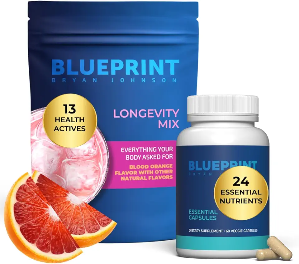 Blueprint Bryan Johnson Longevity Mix - Muscle Builder & Recovery Supplement - Vegan, Keto Friendly (Blood Orange) + Essential Capsules