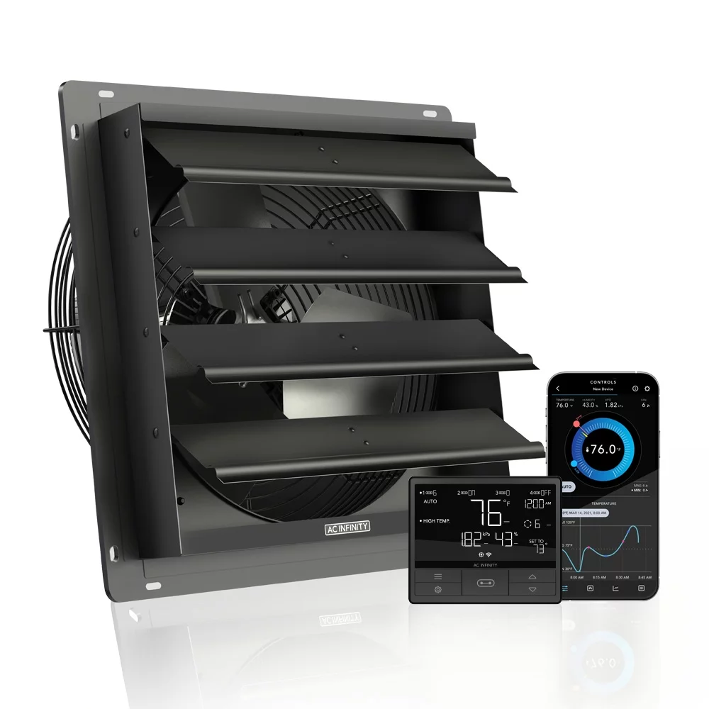 AC Infinity AIRLIFT T14, Shutter Exhaust Fan 14” with Temperature Humidity WiFi Controller, EC-Motor Wall Mount Ventilation and Cooling for Sheds
