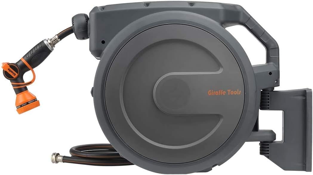 Giraffe Tools Retractable Hose Reel 5/8 inch x 90 ft Wall Mounted Garden Hose Reel Heavy Duty with Automatic Rewind, 180 Deg Swivel Bracket