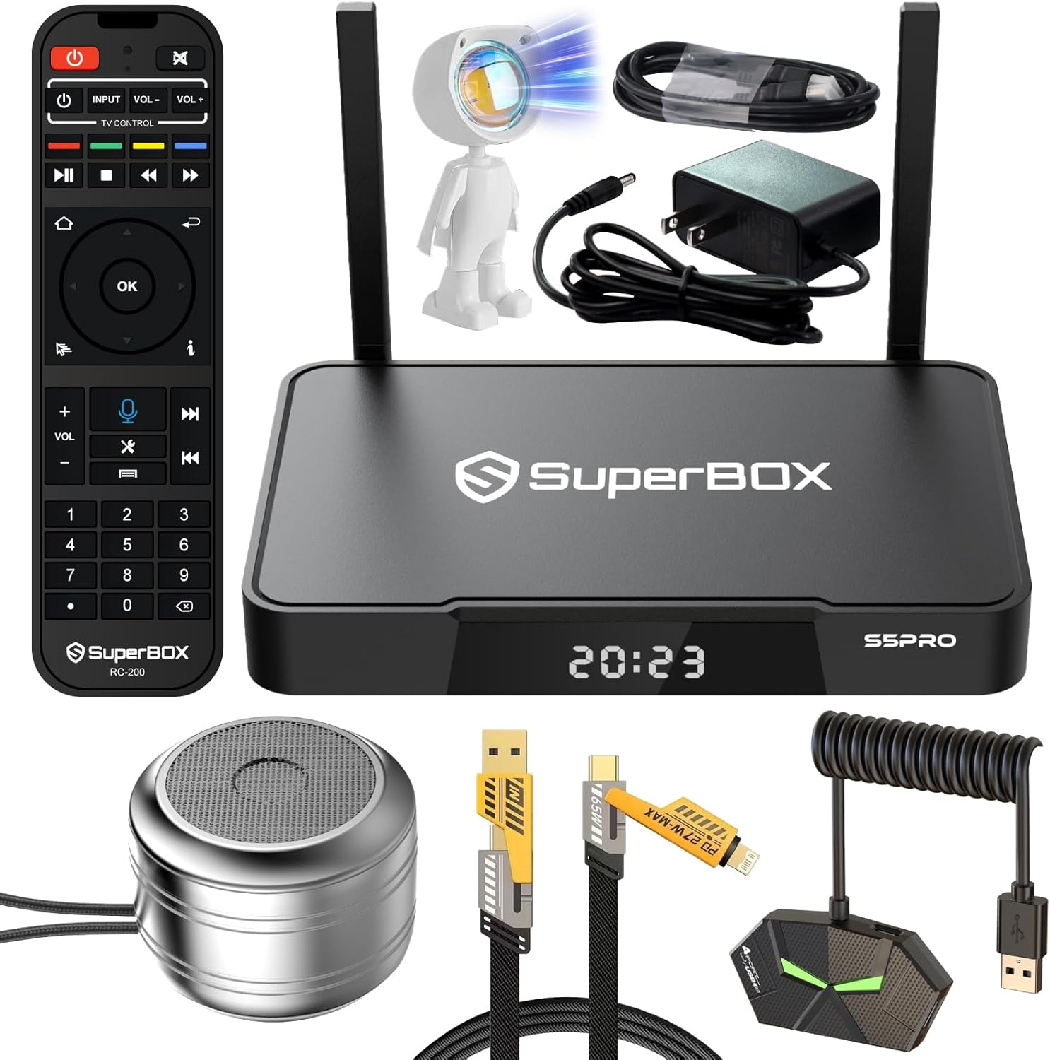 Super Stream S-5-P ro TV Box,4GB RAM+32GB ROM,with Voice Remote,Wireless Speaker*1,Hub*1,Sunset Light*1,4 in 1 Data Cable*1,Dual Band WiFi,2T2R