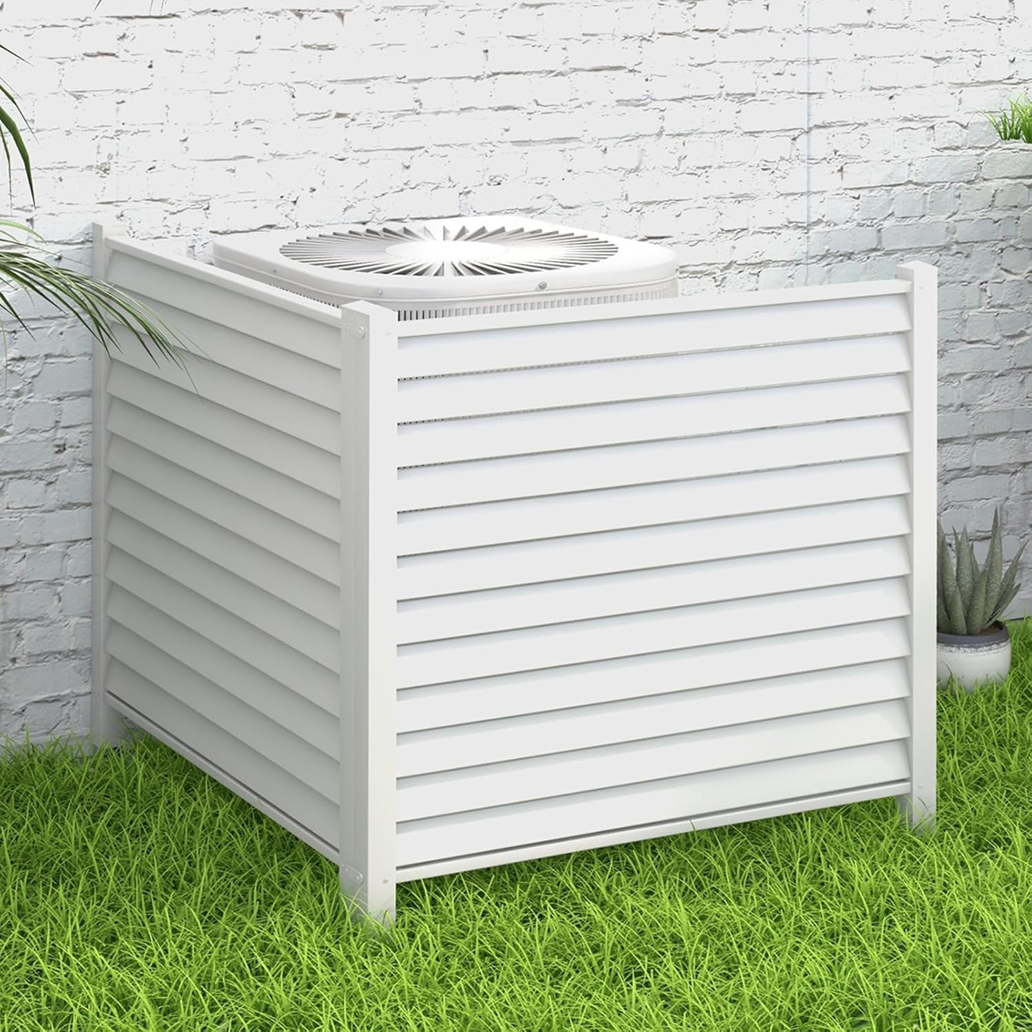 Giantex Air Conditioner Fence 2 Panels - 44''W x 45''H Outdoor Privacy Screens with 4 Metal Stakes, Decorative PVC Trash Can Enclosure