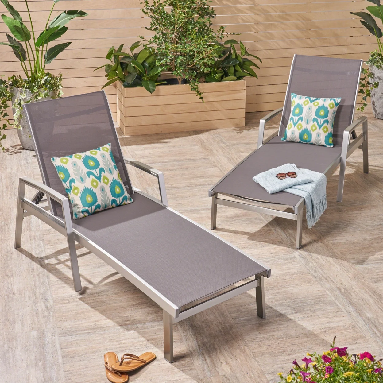 GDF Studio Joy Outdoor Aluminum Adjustable Chaise Lounges, Set of 2, Gray Mesh and Silver