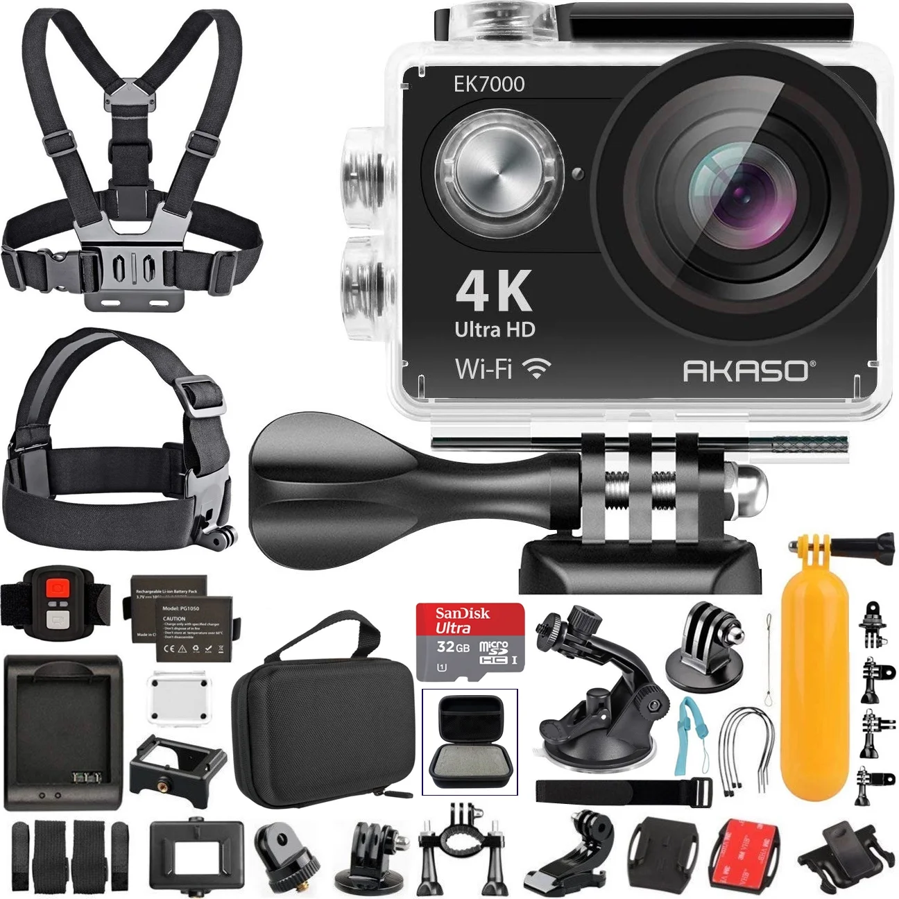 AKASO EK7000 4K Video WiFi Action Camera Ultra HD Waterproof DV Camcorder 12MP 170 Degree Wide Angle LCD (Black) with Wireless Remote Custom Case