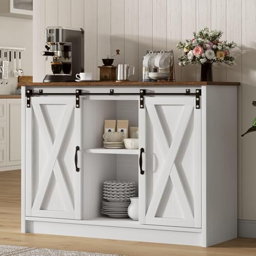 4 EVER WINNER Coffee Bar Cabinet with Sliding Barn Doors, 42” Sideboard Buffet Cabinet with Storage