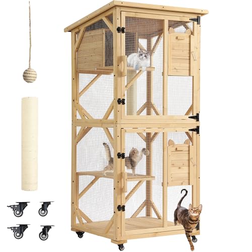 MAGIC UNION 71" Catio Outdoor Cat Enclosure Window Access, 4 Tiers Cats Playpen Catio with Wheels, Resting Box & Waterproof Roof