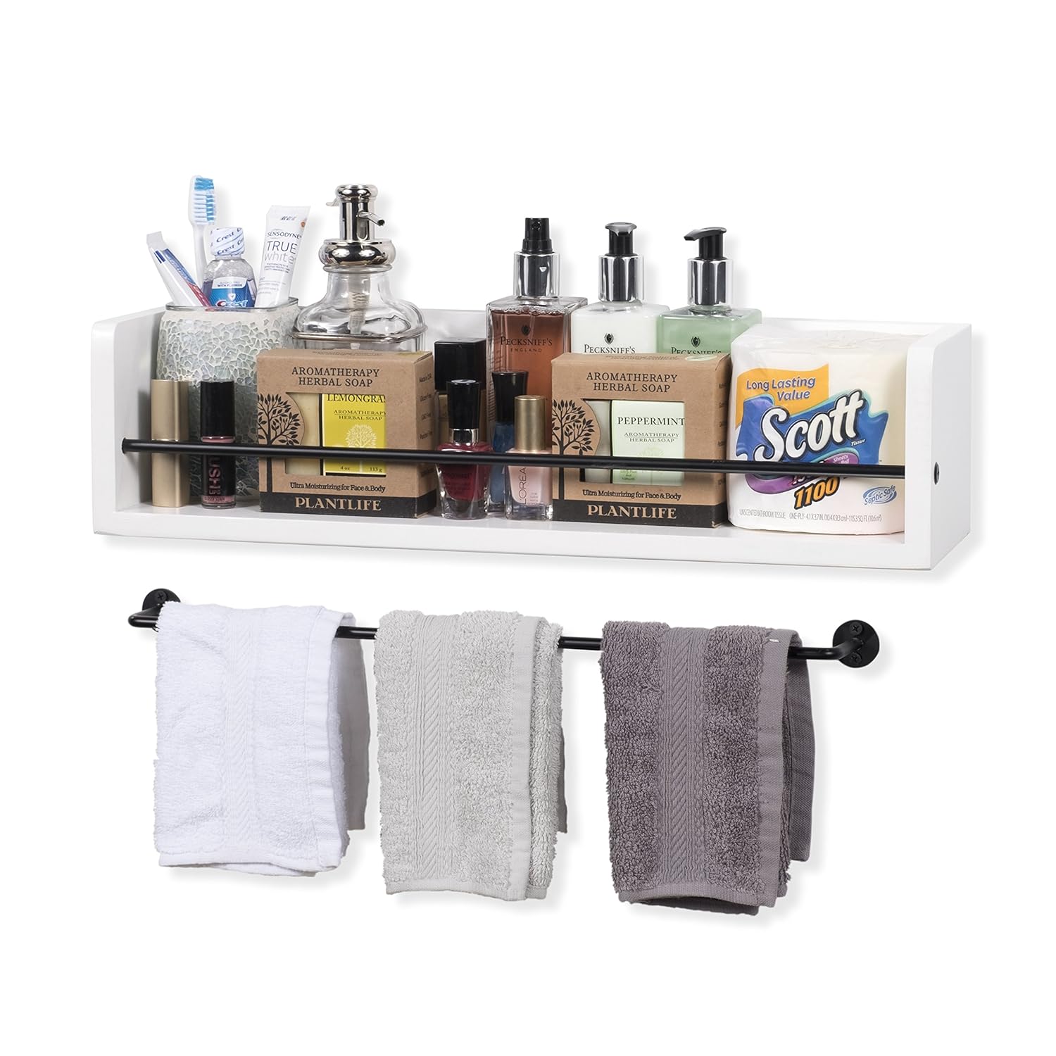 Rustic State White Rustic Bathroom Wood Wall Shelf with Metal Rail Also Multi Use Can Be Used in Living Room or Bedroom Wall Shelf