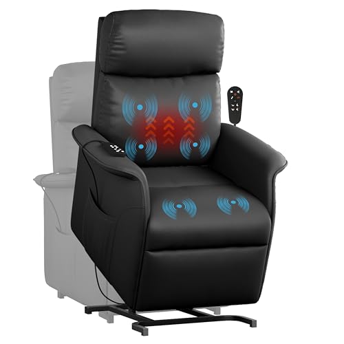 Electric Power Lift Chair Recliners for Elderly with Massage and Heating, Living Room Recliner Chair with Remote Control, Side Pockets, Black (PU)