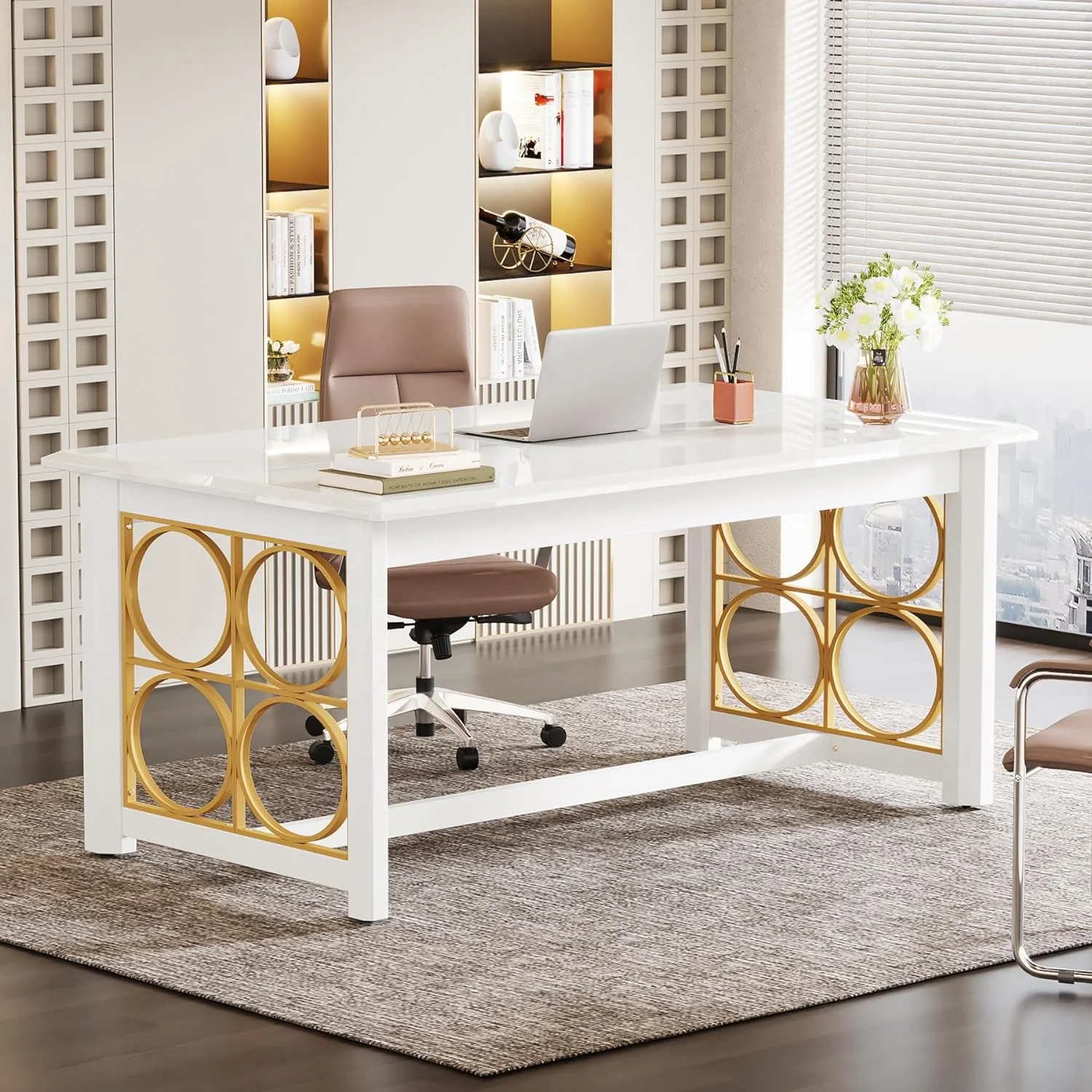 63 Inch Executive Desk, Modern Office Desk with Gold Metal Legs, Large Computer Desk for Home Office
