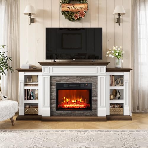 70" Electric Fireplace with Mantel, Fireplace TV Stand for TVs Up to 80 Inch, Farmhouse Entertainment Center with Storage