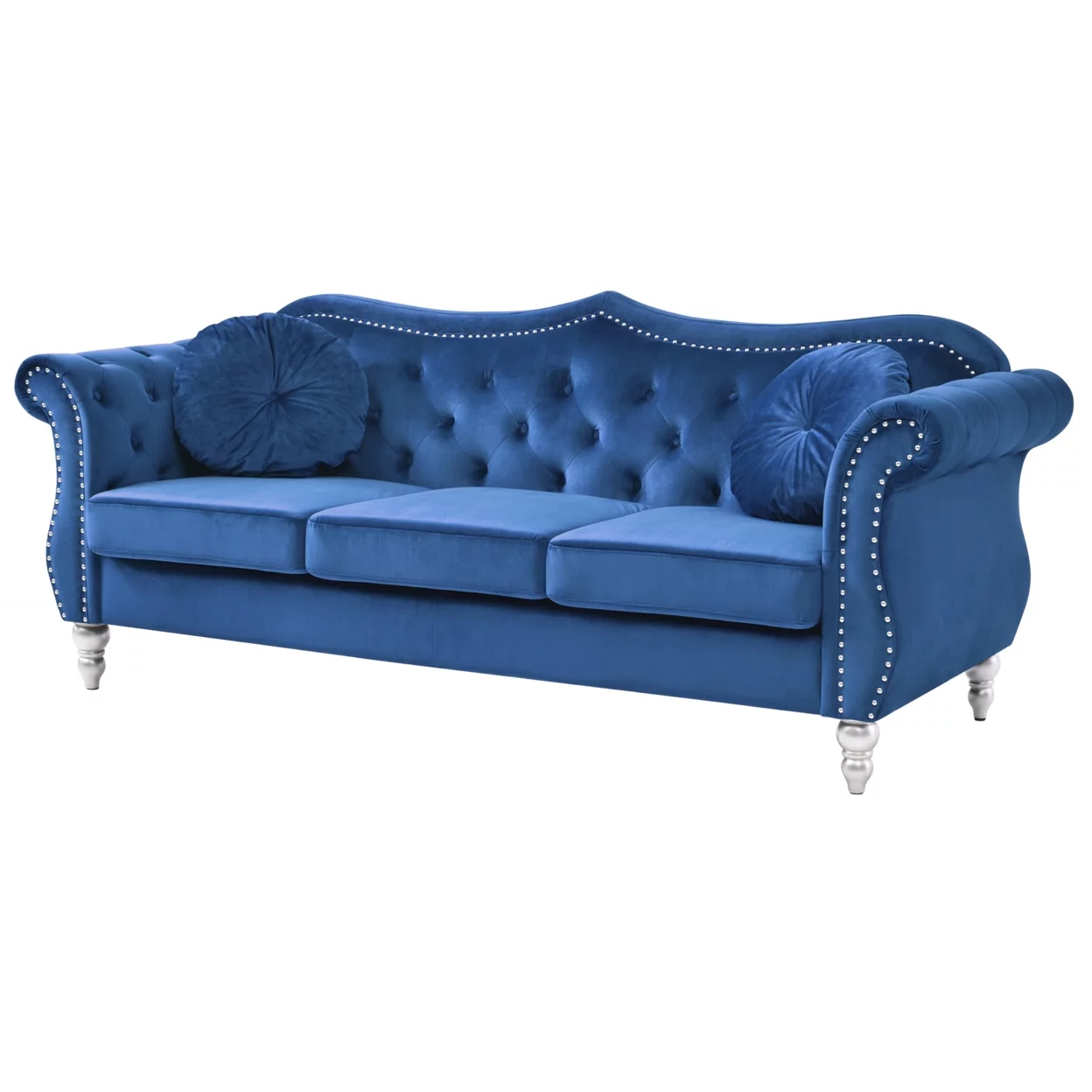 Passion Furniture Hollywood 82 in. Navy Blue Velvet Chesterfield 3-Seater Sofa with 2-Throw Pillow