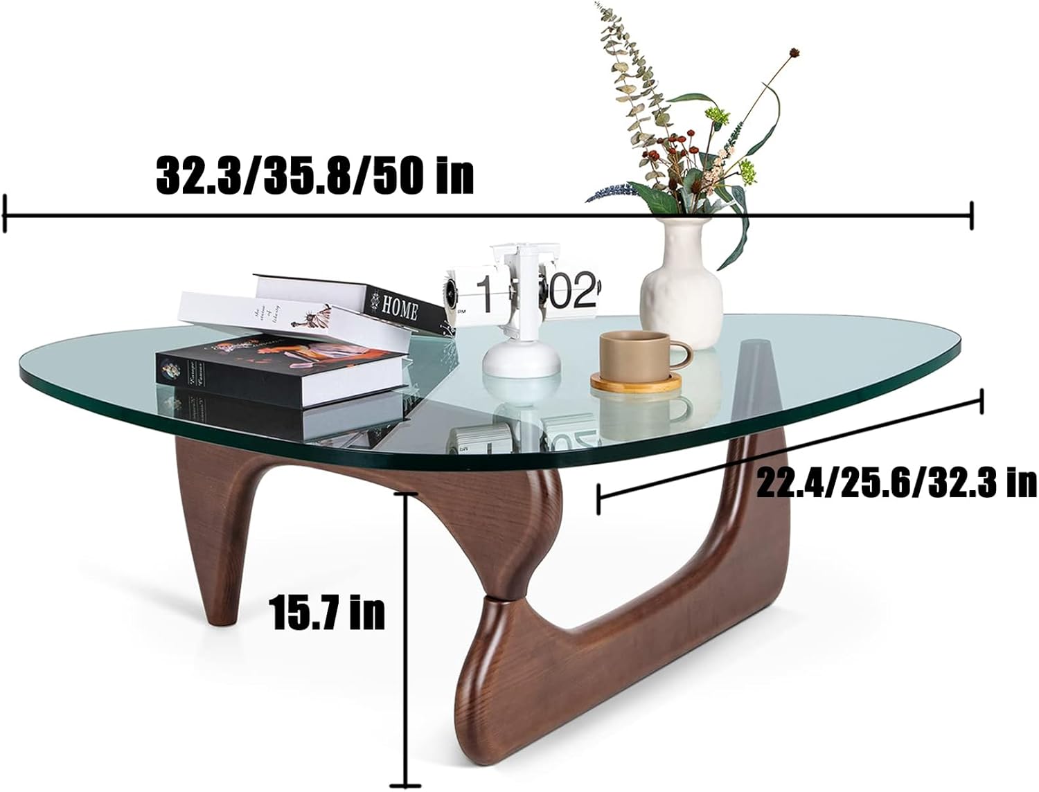 Triangle Glass Coffee Table-Mid-Century Modern End Table Solid Wood Base and Vintage Tempered Transparent Glass Top Coffee Tables Living Room Balcony