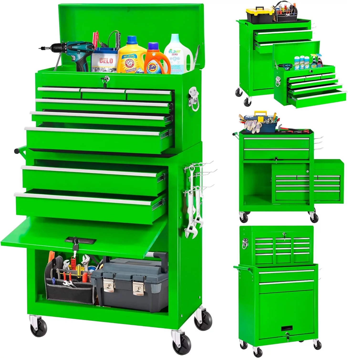 2-IN-1  Tool Chest & Cabinet, Large Capacity 8-Drawer Rolling Tool Box Organizer with Wheels Lockable Craft, Black