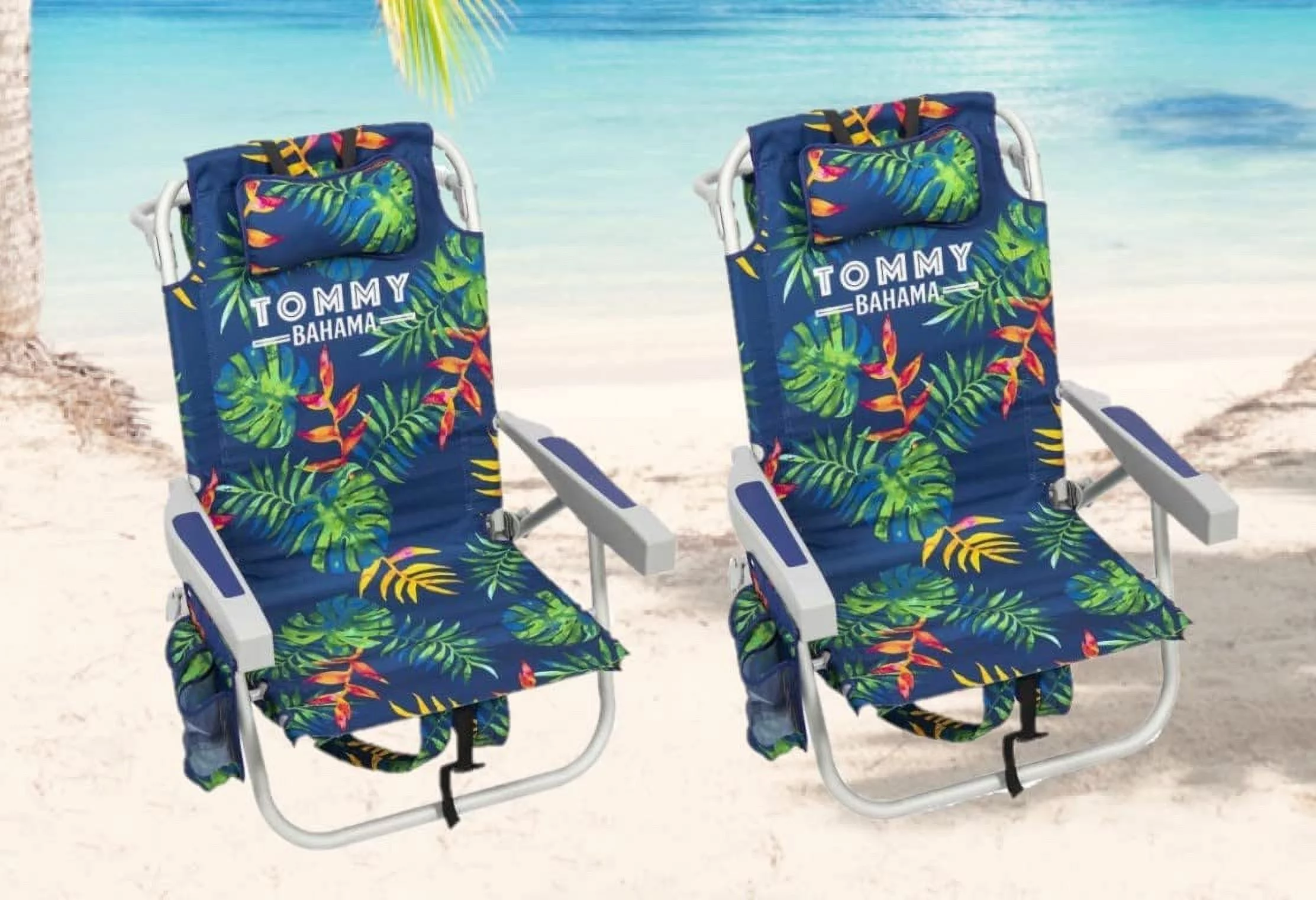 Tommy Bahama Backpack Beach Chair 2 Pack (Tropical Foliage), Dark Blue (2622206) - Radiant Selections