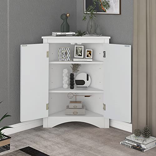 Corner Storage Cabinet, Wood Triangle Bathroom Cabinet with Adjustable Shelves