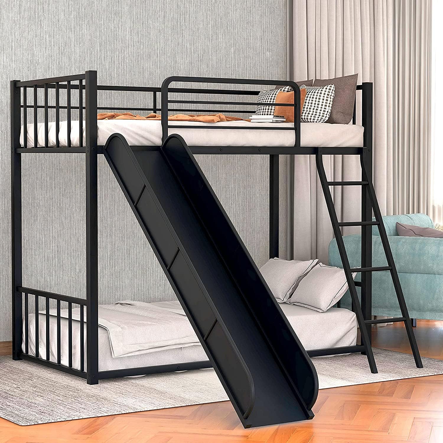 COODENKEY Twin Over Full Bunk Bed with Safety Guardrails & Ladder,Can be Separated,No Box Spring Needed, Perfect for Kids Bedroom, 78.7×55.9×62.3