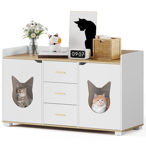 YITAHOME Cat Litter Box Enclosure with Double Room for 2 Cats, Storage Cabinet Design Large Hidden Litter Box Furniture with Drawers