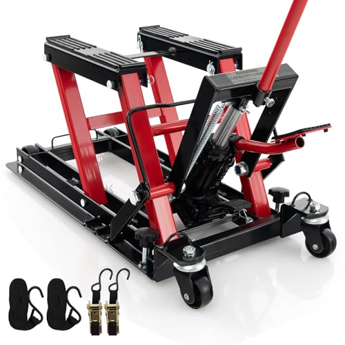 Goplus Motorcycle Lift, 1500 LBS Hydraulic ATV Scissor Jack with Footplates & Long Handle, 2 Ratchet Belts, 4 Wheels, 4.7”-15” Lifting Range