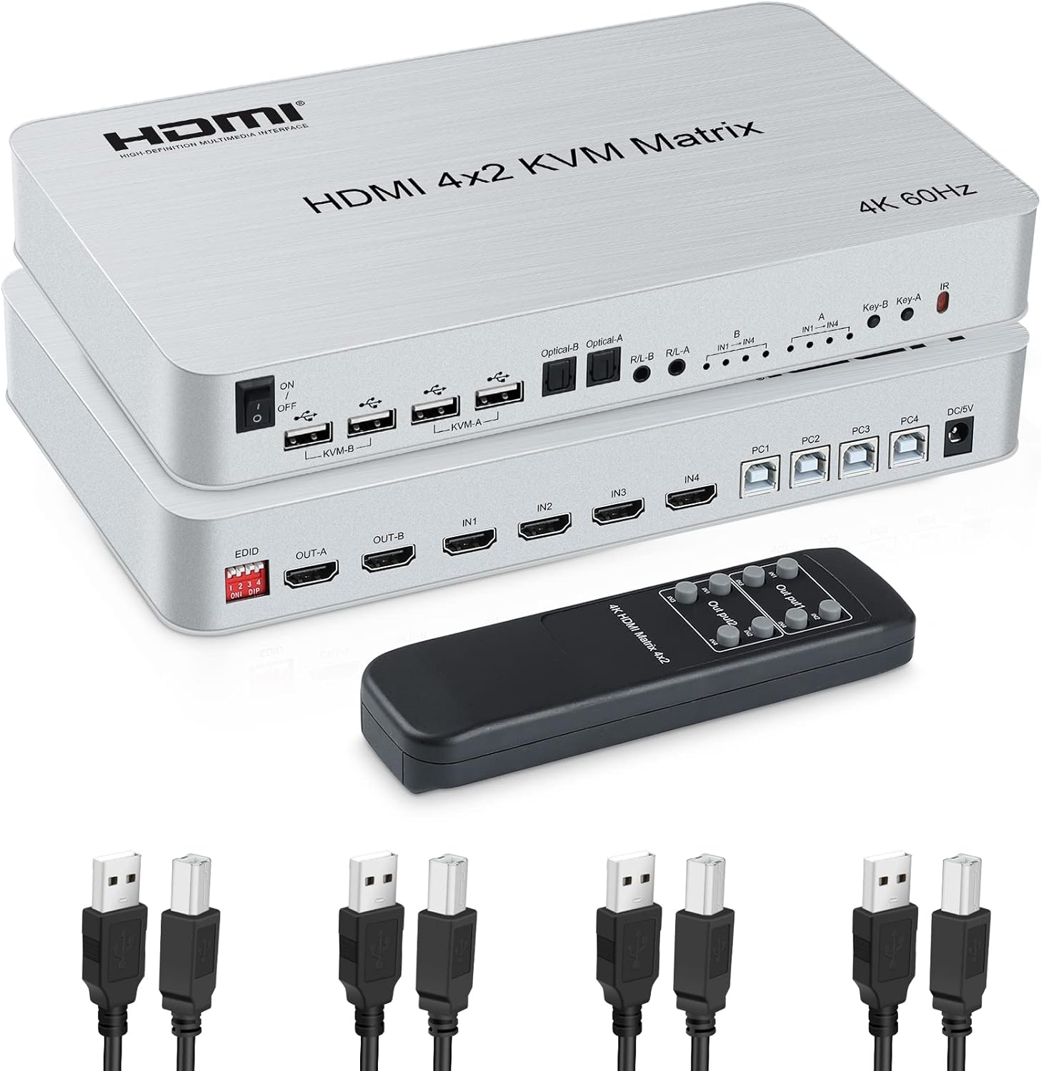 4x2 HDMI KVM Matrix Switch, 4K@60Hz KVM Switch + Optical & L/R Audio Output, 4 HDMI2.0 Port + 4 USB2.0 Port, Share 4 Computer to Dual Monitor
