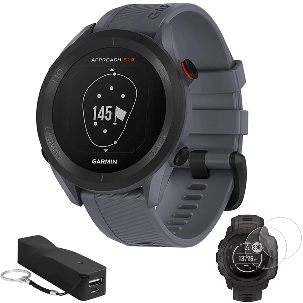 Garmin 010-02472-01 Approach S12 GPS Golf Watch w/ 42k+ Preloaded Courses Granite Blue Bundle with 2-Pack Screen Protector for Garmin Watches and