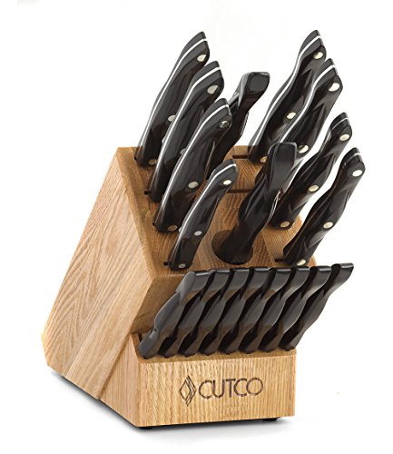 CUTCO Model 2018 Homemaker+8 Set Includes (8) #1759 Table Knives, (10) Kitchen Knives & Forks, 1748 Honey Oak knife block, 82 Sharpener