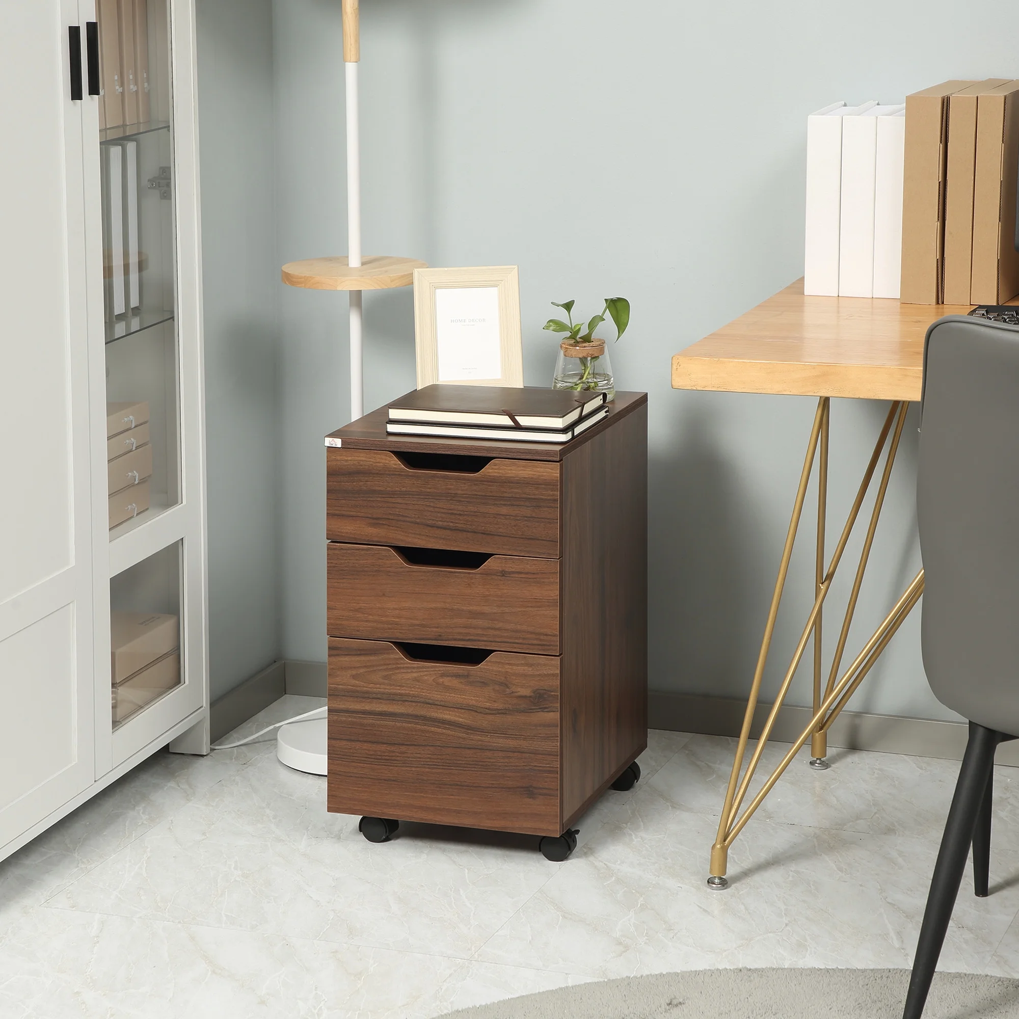HOMCOM 3 Drawer Storage Cabinet Storage Organizer W/ Caster Wheels, Brown - Curated Treasures Market