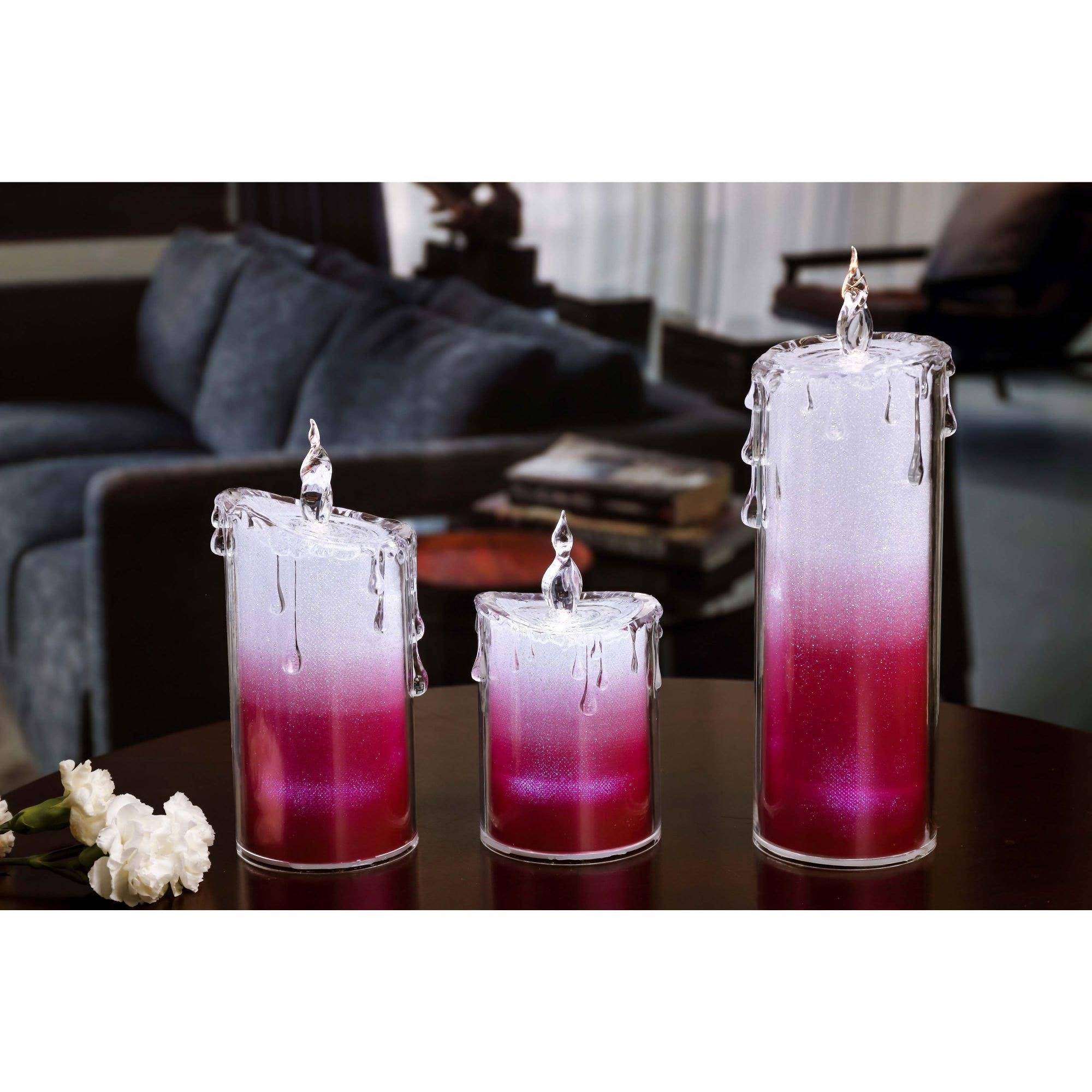 Set of 3 White and Red Glitter LED Lighted Candle 9.5x22