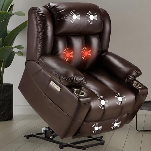 Large Power Lift Recliner Chair Genuine Leather for Elderly with Massage and Heating Function, Lazy Boy Convertible Chair with Cup Holders, USB Ports