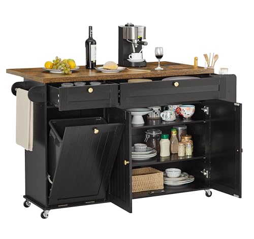 60" Kitchen Island with Power Outlet & Drop Leaf, Kitchen Rolling Island with Spice Rack & Towel Rack, Knife Holder