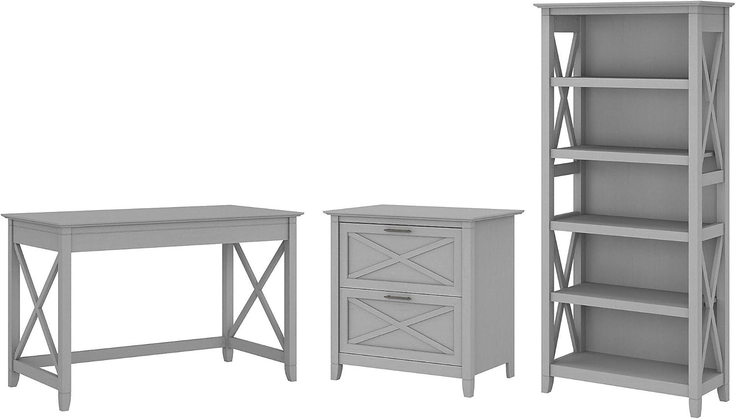 Bush Furniture Key West Writing Desk with 2 Drawer Lateral File Cabinet and 5 Shelf Bookcase, 48W, Dark Gray Hickory