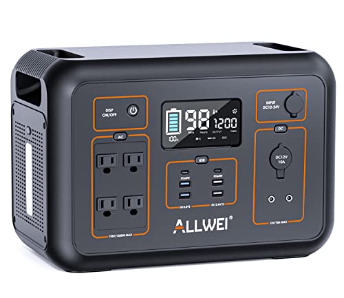 ALLWEI Portable Power Station 1200W(Peak 2400W), 1132Wh Solar Generator 306000mAh with 4 * 120V AC Outlets, 6* USB-C PD3.0 60W