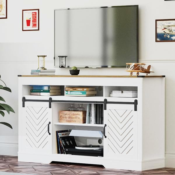 Farmhouse TV Stand for 65+ Inch TV, 34'' Tall Entertainment Center with Sliding Barn Doors