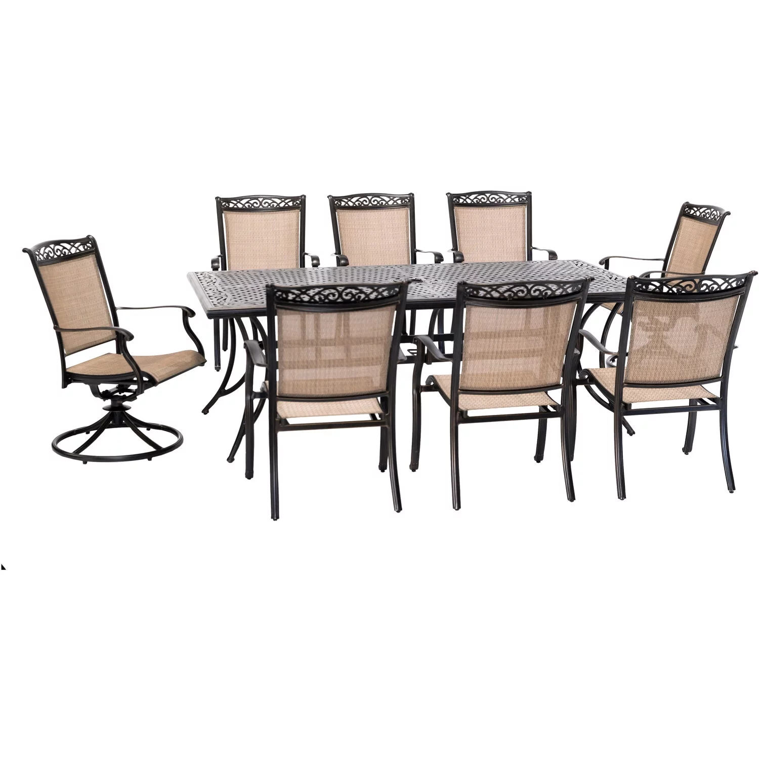 Hanover Fontana 9-Piece Aluminum Outdoor Dining Set, 42" x 84" Cast-Top Table