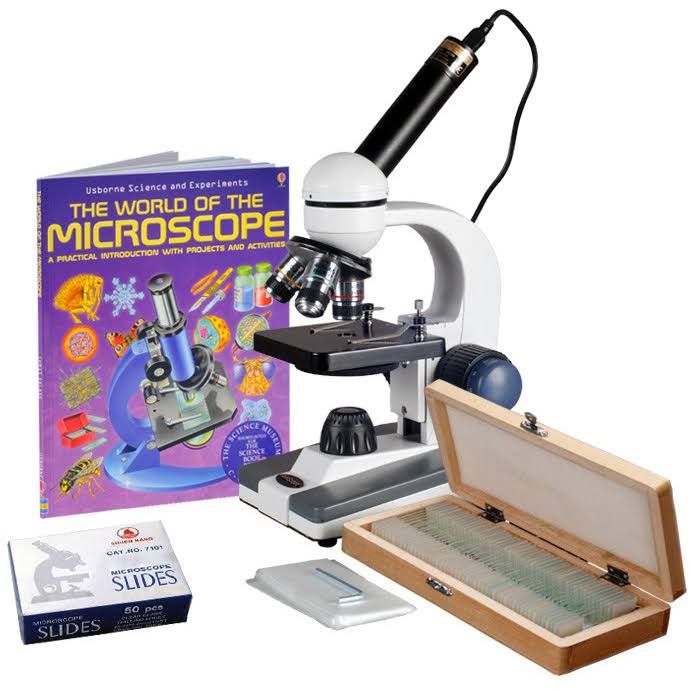AmScope 40X-1000X Cordless Student Biological Microscope+Book, Prepared & Blank Slides+USB Camera, Grey