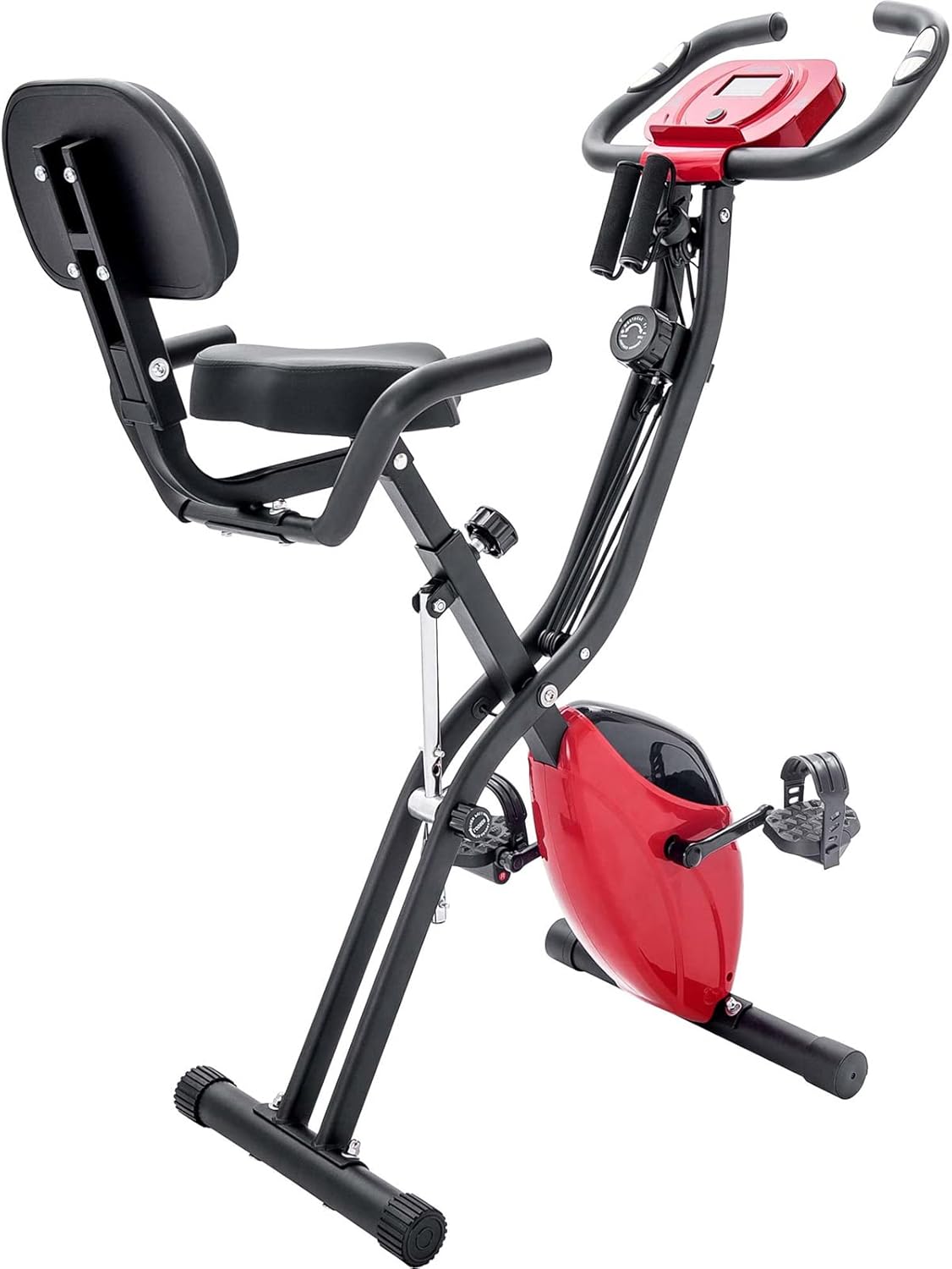 Folding Exercise Bike, Fitness Upright and Recumbent X-Bike with 10-Level Adjustable Resistance, Arm Bands and Backrest