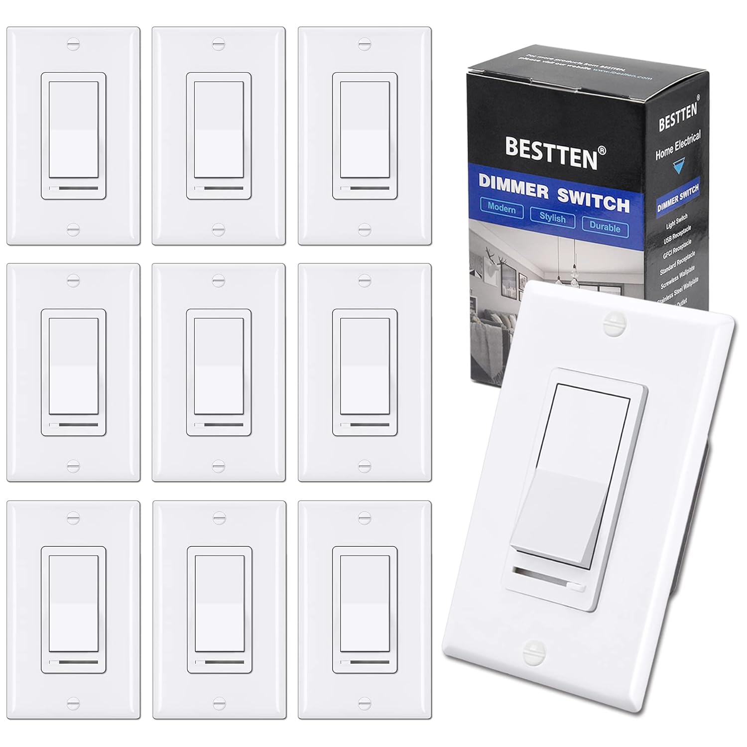 [10 Pack] BESTTEN Dimmer Light Switch, Single-Pole or 3-Way, 120V, Compatible with Dimmable LED, CFL, Incandescent and Halogen Bulbs