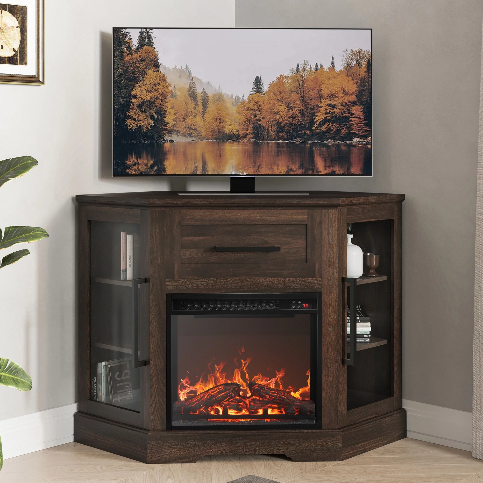 BELLEZE 43" TV Stand with 18" Electric Fireplace, Fireplace TV Stand for TVs up to 43", Modern Corner Wood Entertainment Center with Storage