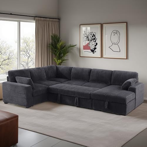 L-Shaped Pull Out Sleep Sofabed,Modern Reversible Sleeper Sectional Sofa Chenille Upholstered Button Tufted Decor with Storage Chaise
