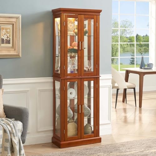 Curio Cabinet Lighted with Adjustable Shelves, Wooden Floor Standing Glass Display Cabinet with Mirrored Back Panel