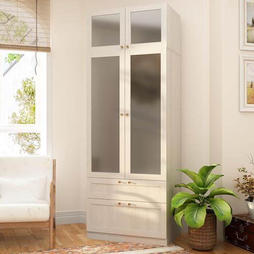 Hitow Large Wardrobe Cabinet, Wooden Armoire Closet with Frosted Glass Doors, Bedroom Wardrobe with 2 Drawer & Hanging Rod for Storage Organize