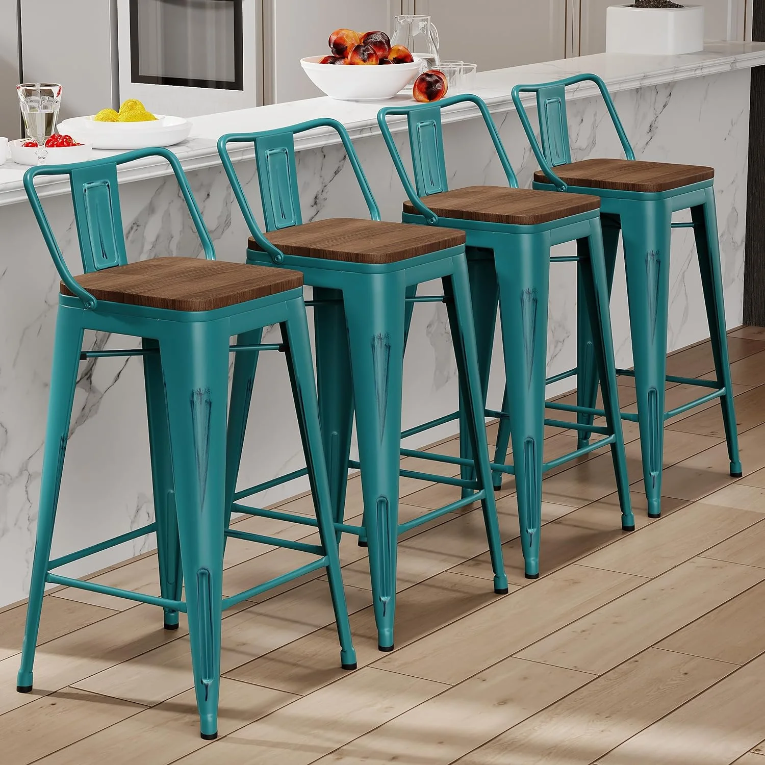 HYUN 26" Metal Bar Stools Set of 4 Industrial Counter Height Barstools Kitchen Counter Stool Modern Wood Seat-Distress Teal - Curated Treasures Market