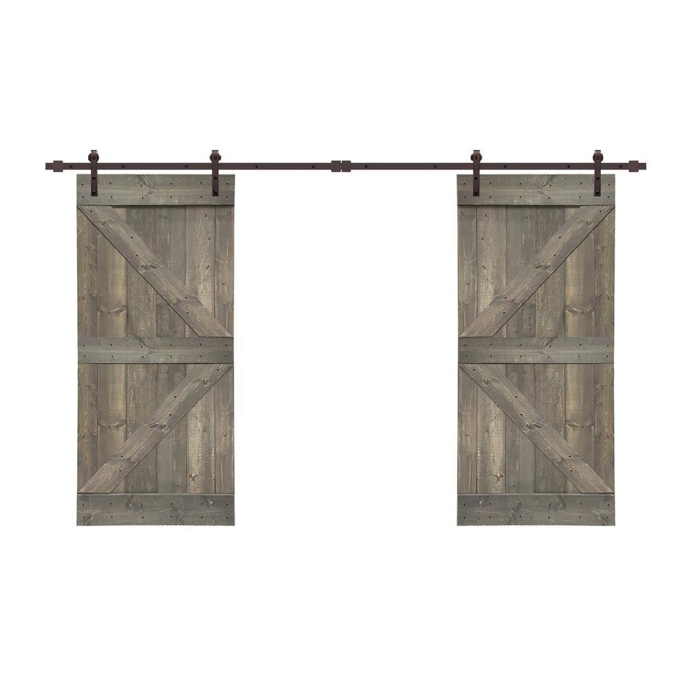 CALHOME Stained K Double DIY Barn Door w/ Hardware Kit - Weather Gray - 76 x 84