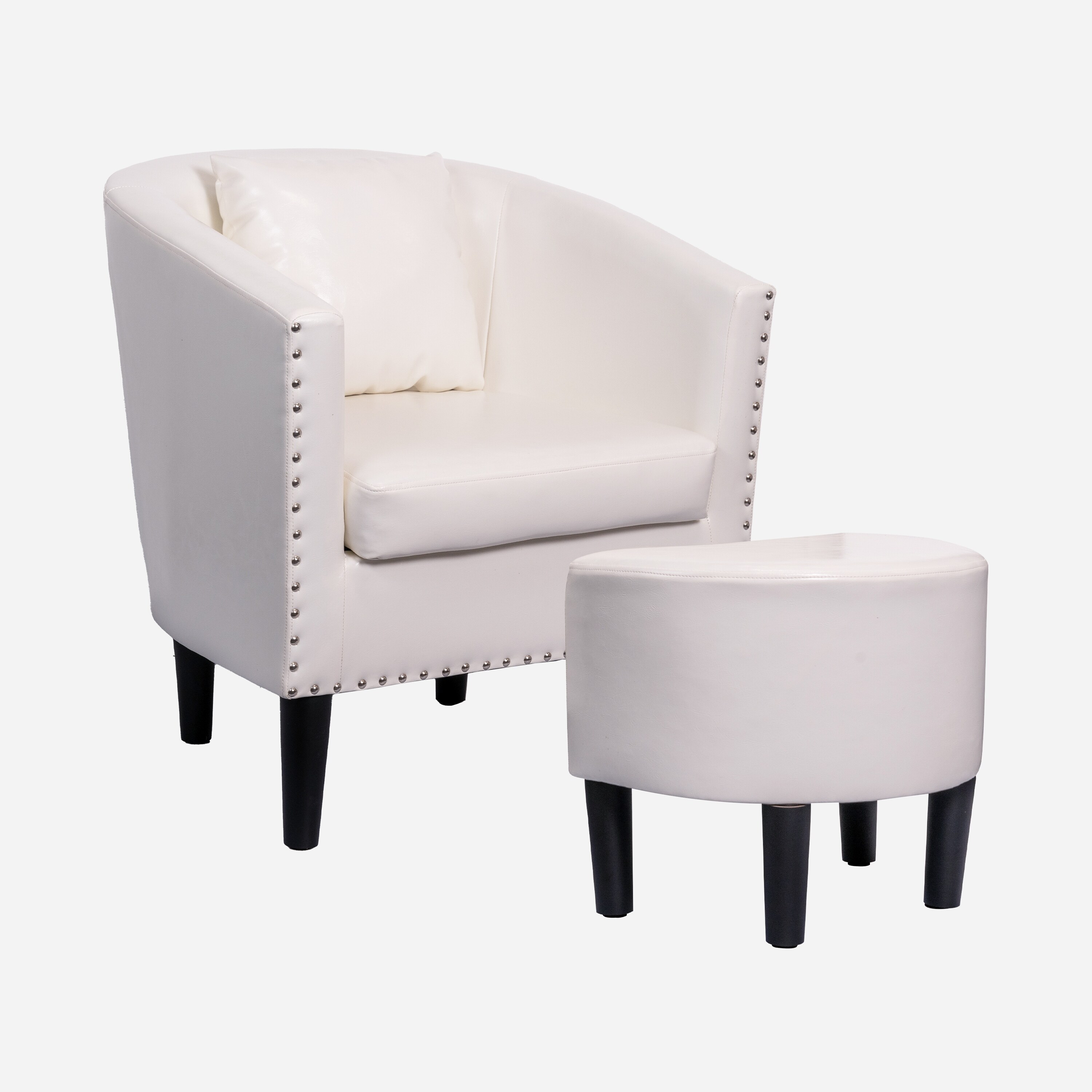 Modern Accent Chair with Ottoman Set, PU Leather Upholstered Club Round Arms Chair Club Chairs White Rubberwood Nailheads Urban