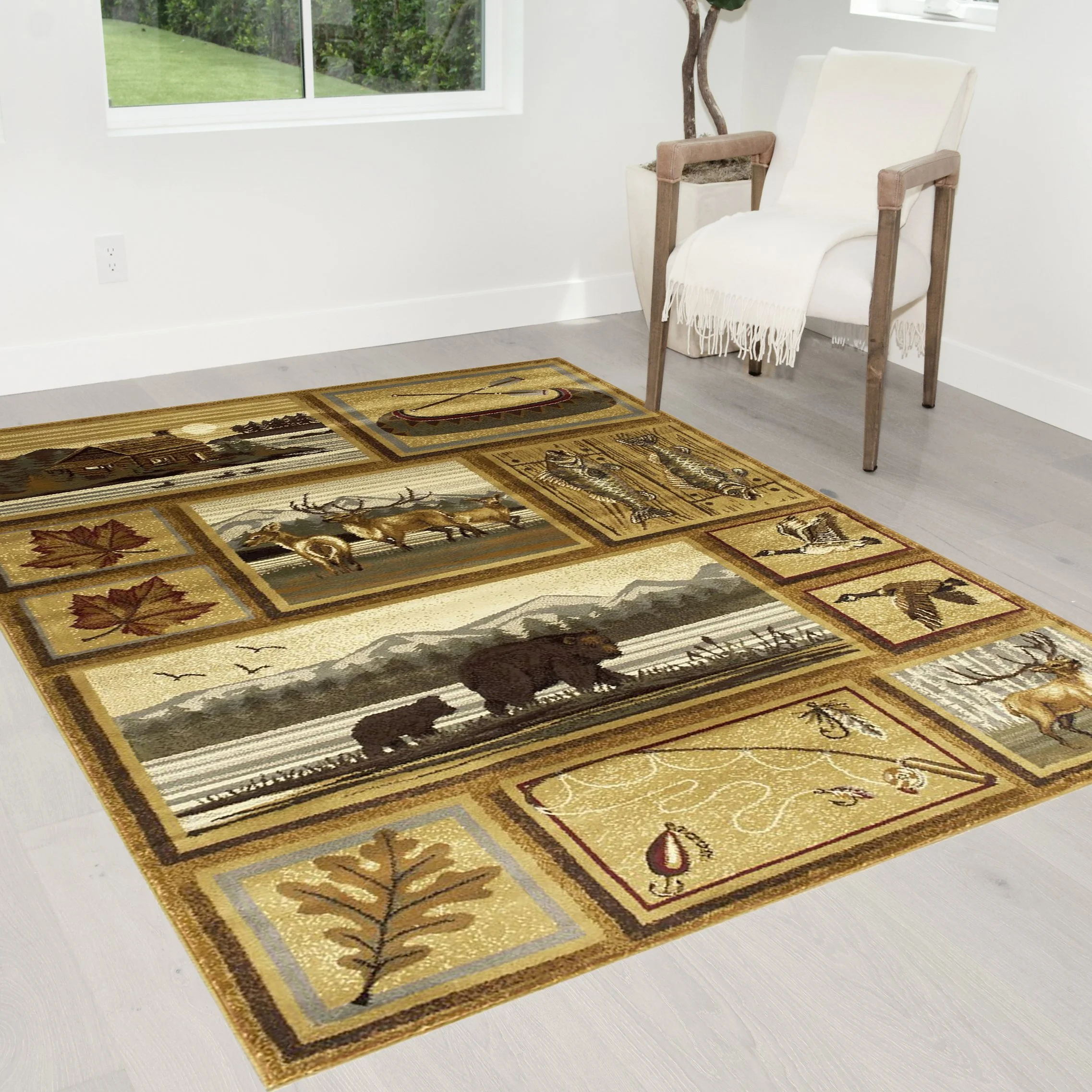 Lodge, Cabin Nature and Animals Area Rug - Modern Geometric Design Cabin Area Rug - Abstract, Multicolor Design- Deer/Fish/Bear/Cabin/Kayak