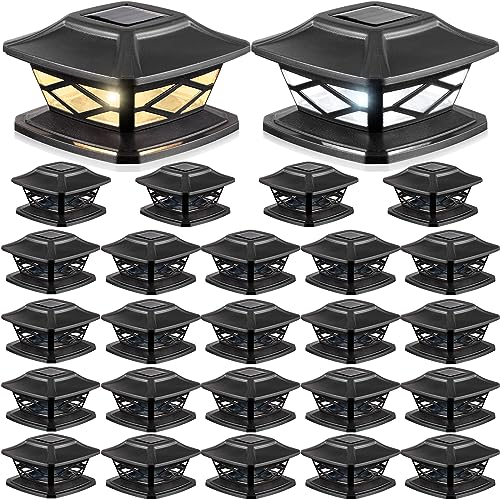 24 Packs Solar Post Cap Lights Outdoor Fence Post Lights Waterproof LED Solar Powered Deck Cap Lights for 4x4 5x5 6x6 Posts Fence Deck Patio Garden