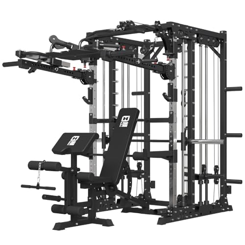 Commercial Smith Machine with Smith Bar, 4000LBS Power Cage Squat Rack with Lever Arm, Leg Press, LAT Pull Down System