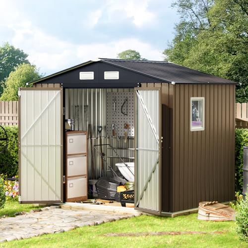 10X12X7.5 FT Outdoor Steel Storage Shed with Lockable Doors, 2 Windows, Transparent Roof Panels (Wood Panels & Frame Floor Not Included)