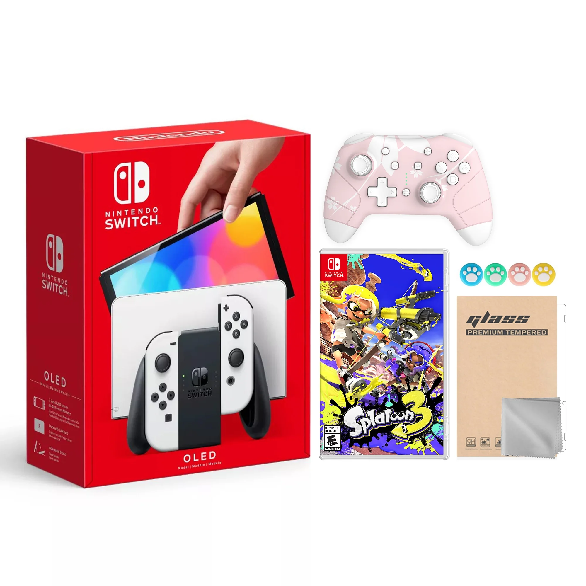2022 New Nintendo Switch OLED Model White Joy Con 64GB Console with Splatoon 3 Game, Improved HD Screen & LAN-Port Dock