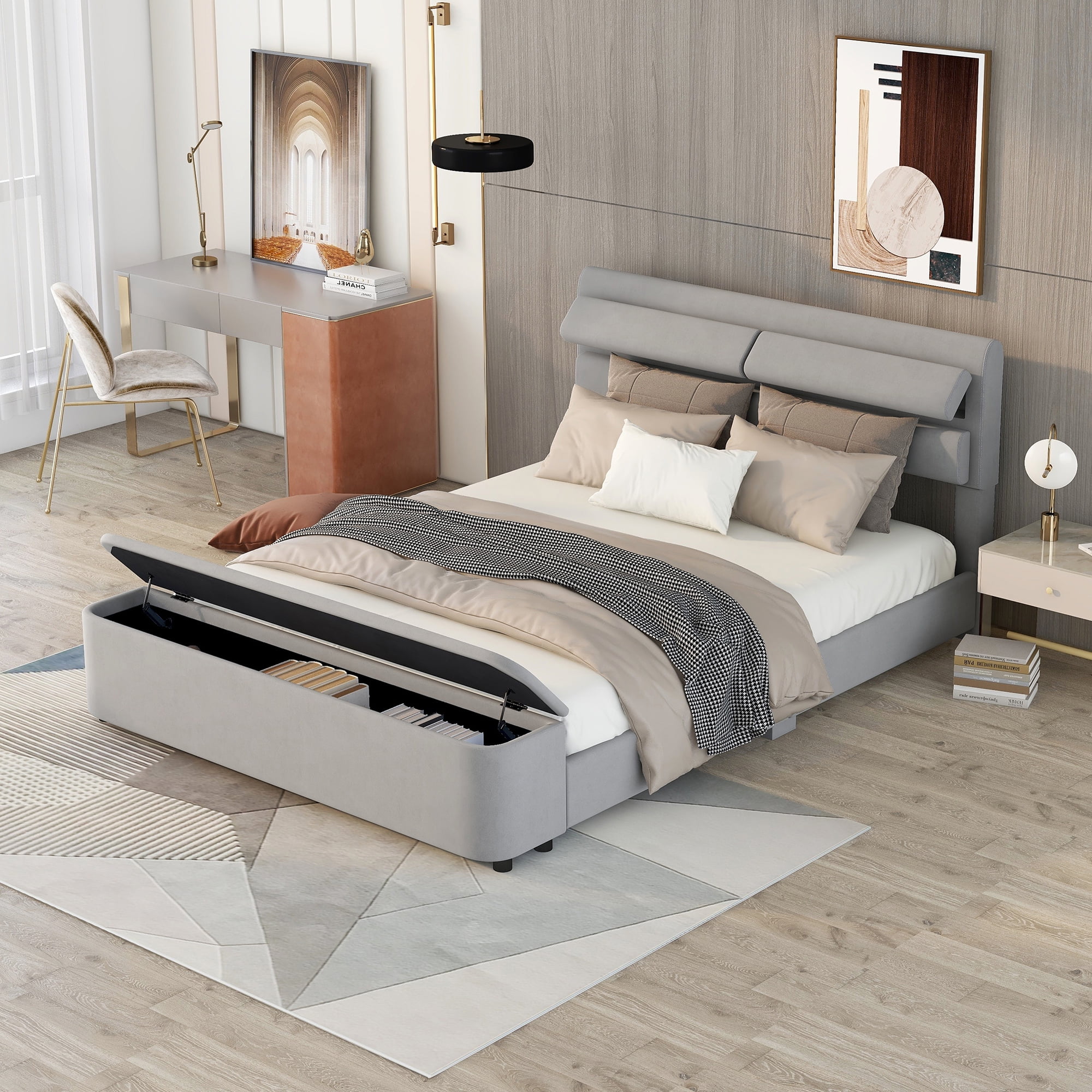 Dawn Whisper Queen Size Upholstery Platform Bed with Storage Headboard and Footboard, Support Legs, Grey