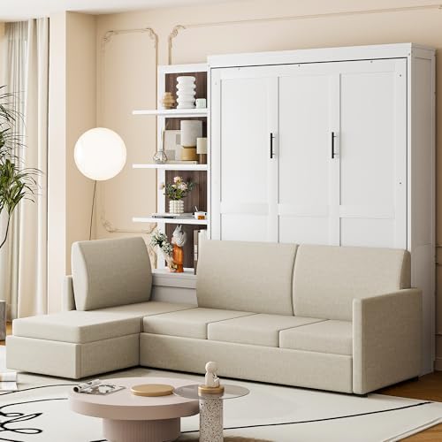 Harper & Bright Designs Queen Size Murphy Bed, Wood Queen Wall Bed with Sofa and Shelves, White